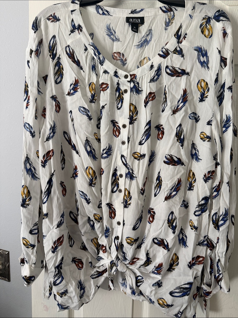 a.n.a White Feather-Print Button Front Blouse with Front Tie